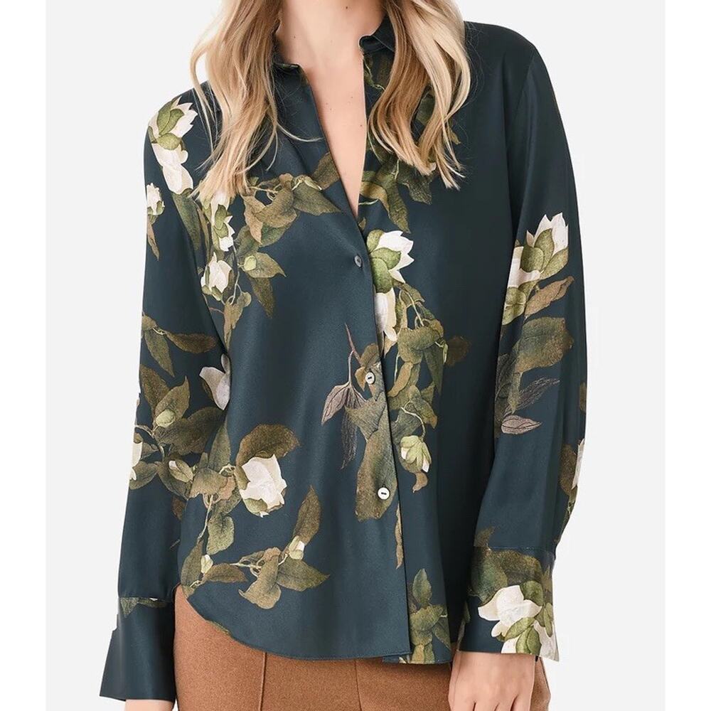 Vince. Camellia Branch Silk Bias Long Sleeve Blouse Green Women’s Medium